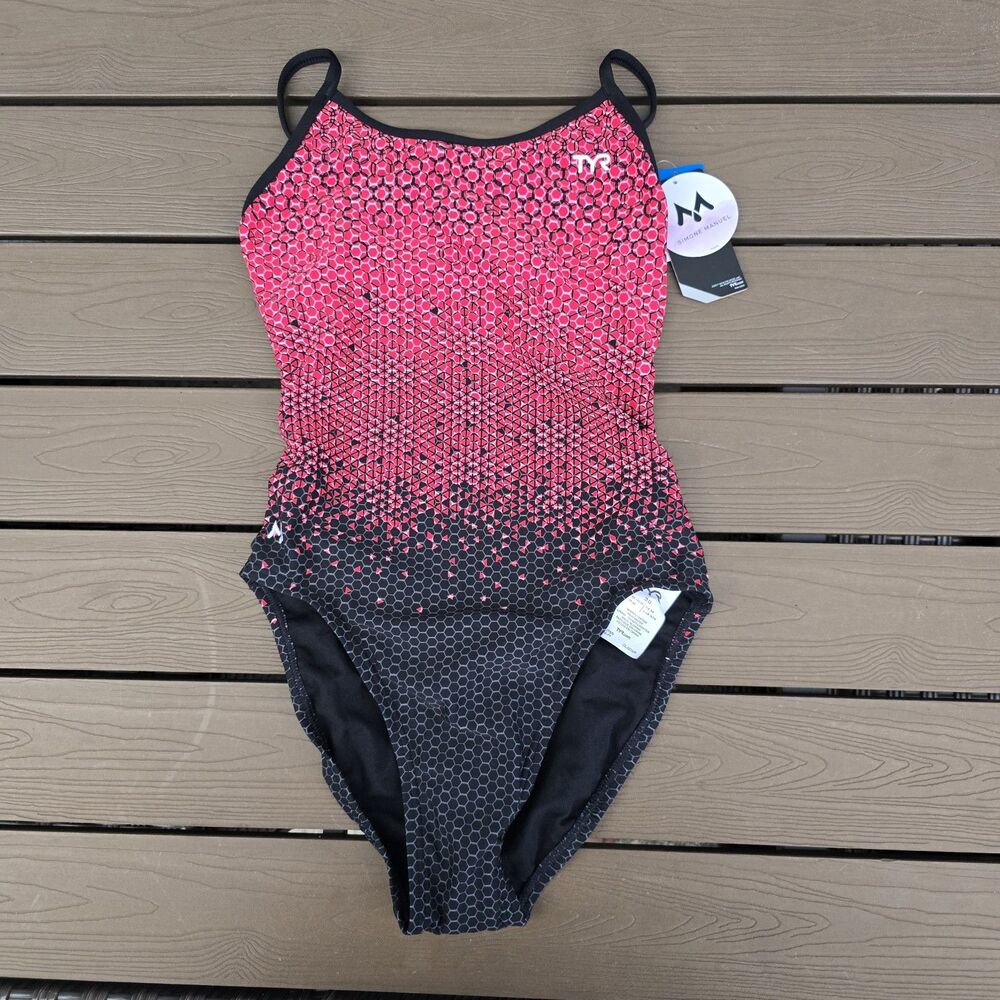 TYR Womens Durafast Galactic Red/black Trinityfit  One Piece Swim Sz 30 New